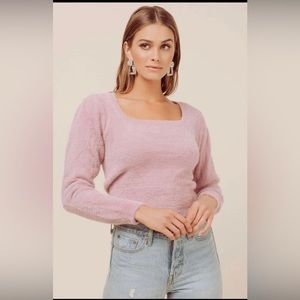 ASTR the Label Womens Pink Fuzzy Square Neck Long Sleeves Cropped Sweater XS